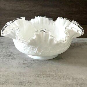 Vintage Fenton Spanish Lace Silver Crest Double Crimped Bowl Milk Glass 9.75"